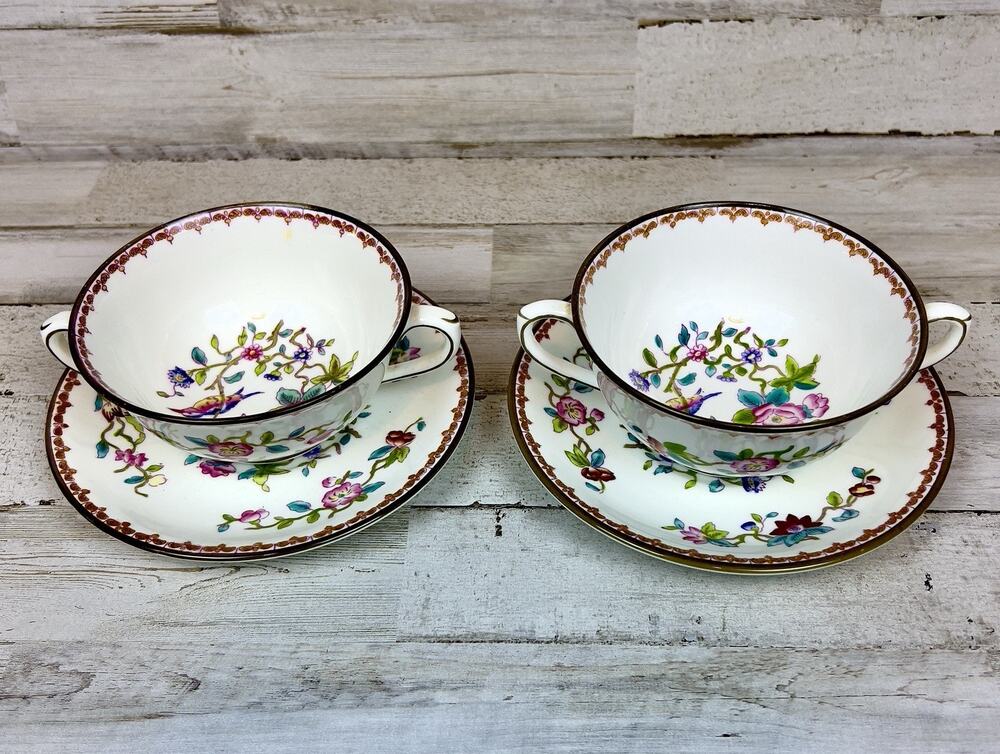 Vintage Coalport Pembroke 6316/A 2 Cream Soup Bowls Saucers Birds Floral England